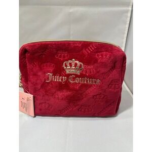 Juicy Couture Velour Cosmetic Bag Red Crown Logo Zipper Pouch Makeup Organizer